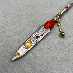 Anime-style zinc alloy weapon replica with red, gold, and silver details on grey background