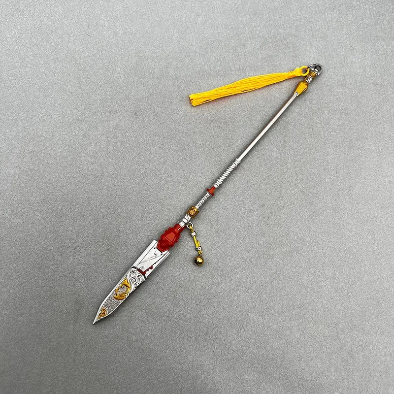 1:6 scale anime-style zinc alloy spear replica with red, gold, and yellow accents on gray background