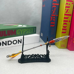 1:6 anime-style zinc alloy spear replica on stand, displayed with colorful books, BlacksmithSONG collectible.