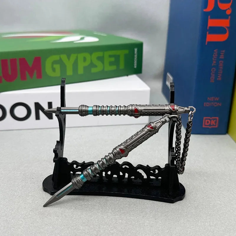 1:6 anime-style zinc alloy nunchaku replica on display stand, collectible weapon decor