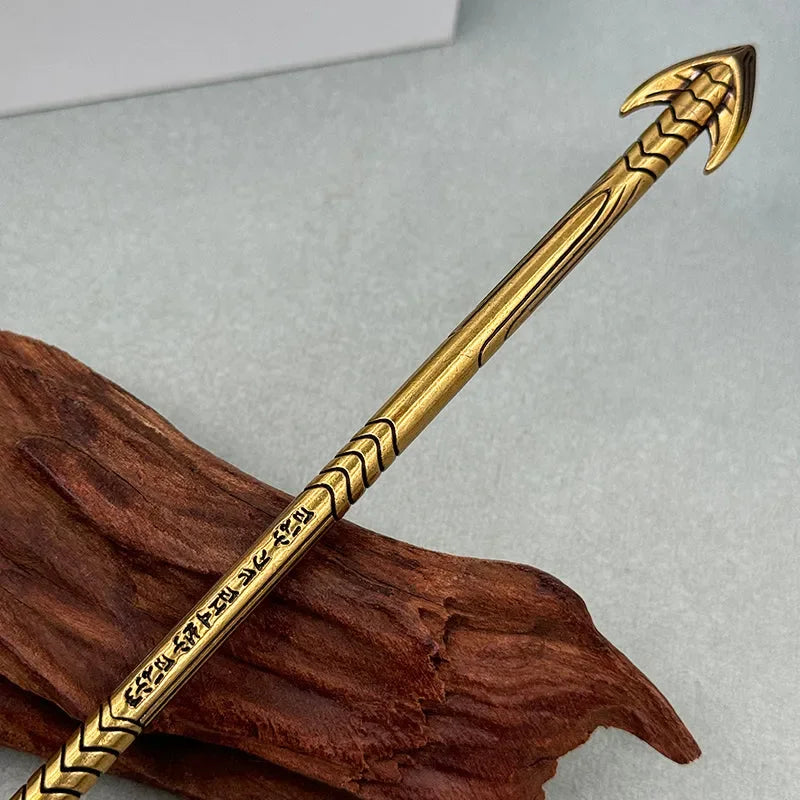 1:6 scale anime-style zinc alloy spear replica with gold finish and engravings on wood display