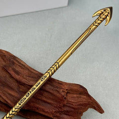 1:6 scale anime-style zinc alloy spear replica with gold finish and engravings on wood display