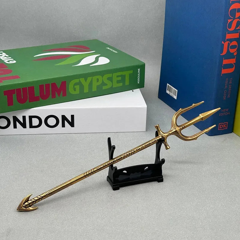 Anime-style zinc alloy trident replica on display stand, collectible weapon by BlacksmithSONG