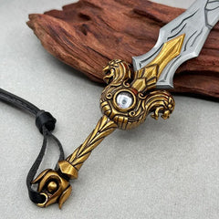 Anime-style zinc alloy sword replica with gold ornate hilt and leather strap, collectible display.