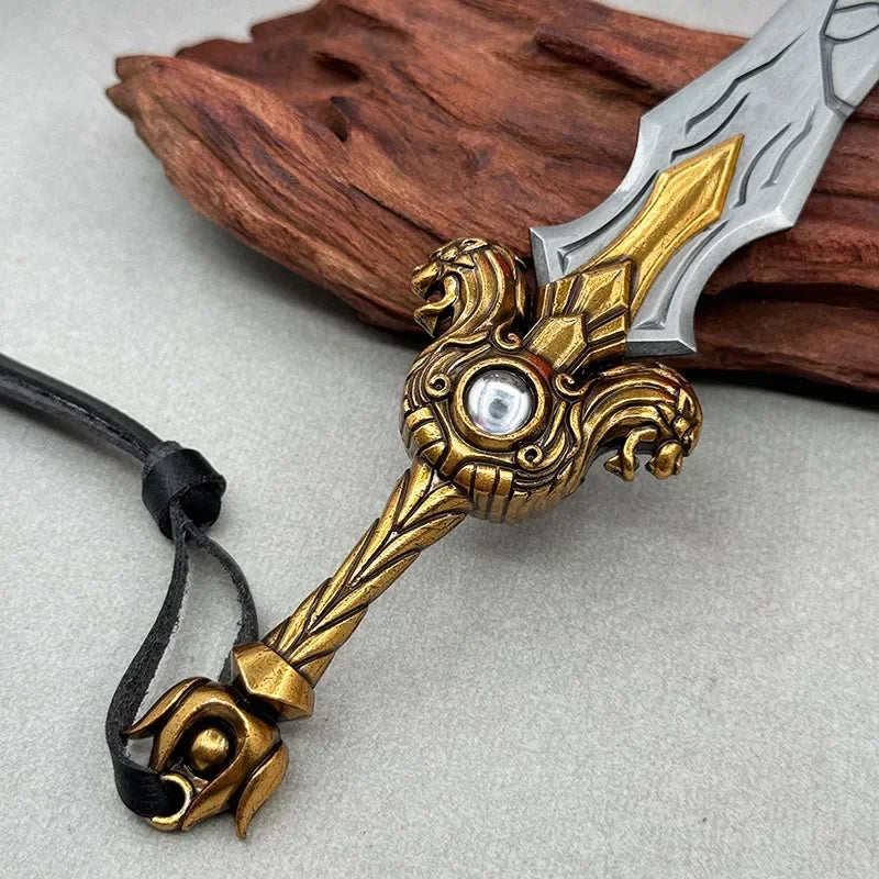 Anime-style zinc alloy sword replica with gold ornate hilt and leather strap, collectible display.