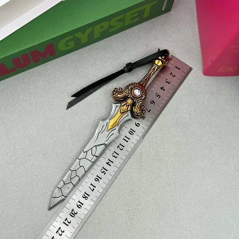 Anime-style zinc alloy sword replica with ornate gold details, shown beside a ruler for scale