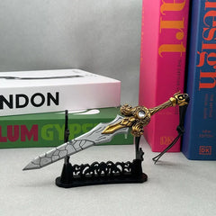 Anime-style zinc alloy sword replica with gold hilt on display stand, collectible decor