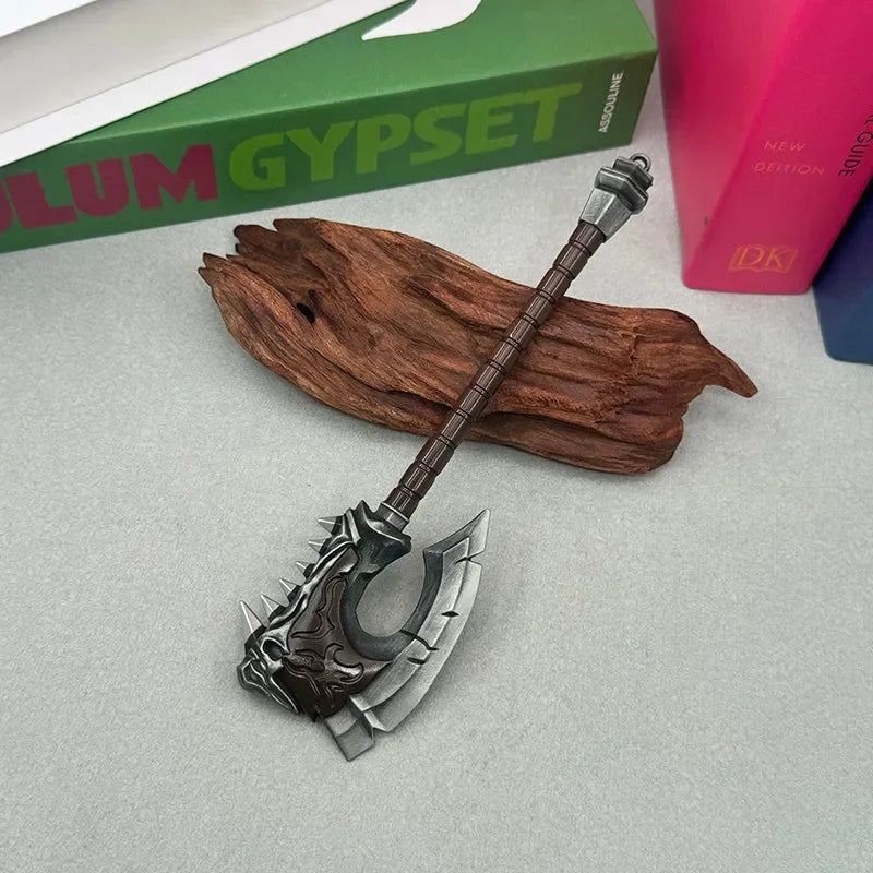 Anime-style zinc alloy axe replica with dragon detail on wood, collectible display by BlacksmithSONG.