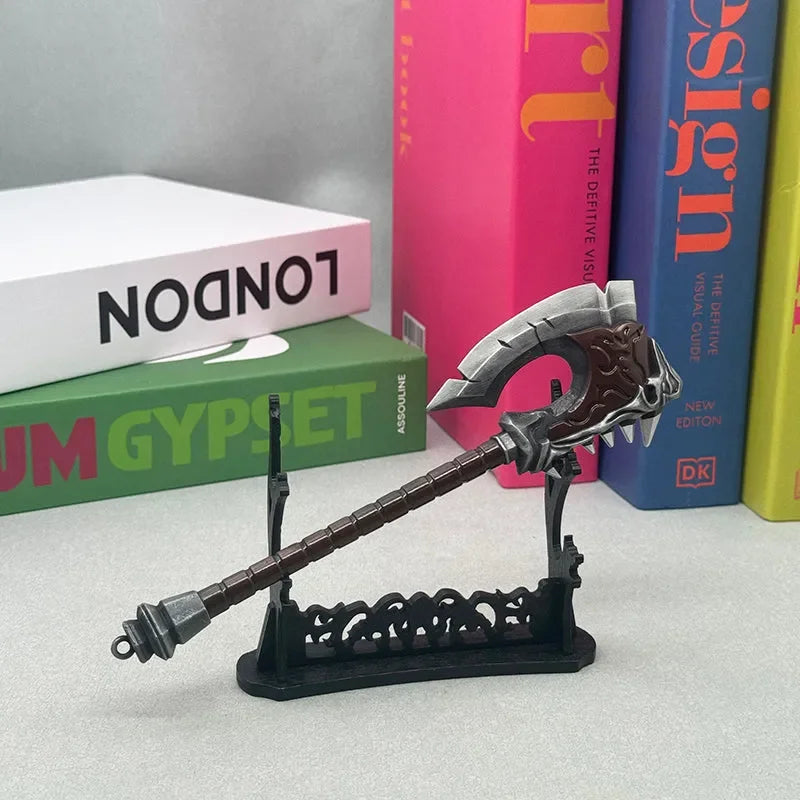 Anime-style zinc alloy axe replica on display stand, collectible weapon by BlacksmithSONG