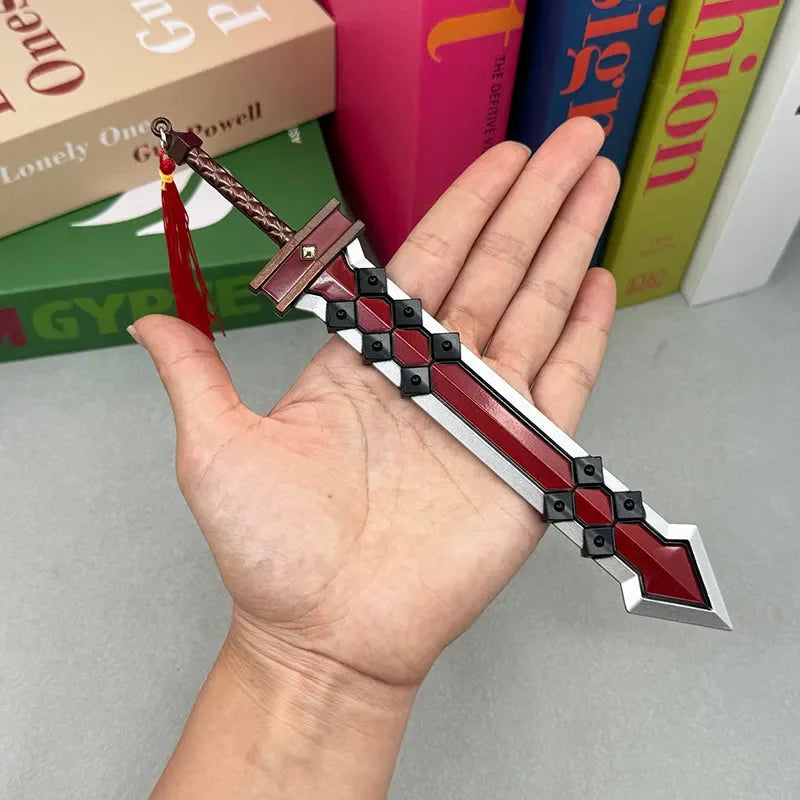 Hand holding 1:6 zinc alloy anime sword replica with red and silver blade for BlacksmithSONG display or cosplay