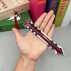 Hand holding 1:6 zinc alloy anime sword replica with red and silver blade for BlacksmithSONG display or cosplay