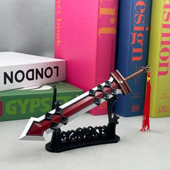 Anime-style 1:6 zinc alloy sword replica with red tassel on display stand, books in background