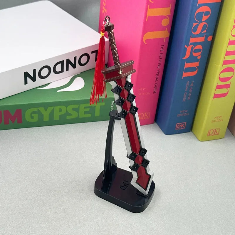 1:6 scale anime-style zinc alloy sword replica with red accents on display stand, books in background