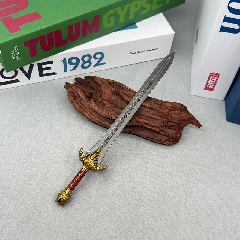 Anime-style zinc alloy sword replica with gold hilt on wood, BlacksmithSONG collectible