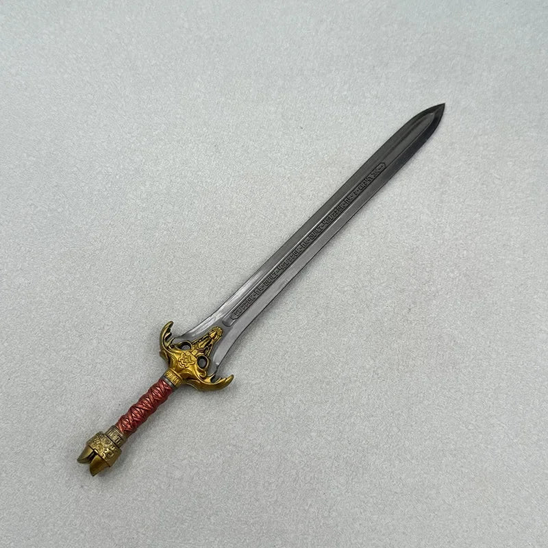 1:6 scale anime-style zinc alloy sword replica with gold guard and red handle on gray background