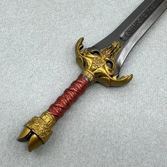 1:6 anime-style zinc alloy replica sword with gold hilt and red wrapped handle on gray background