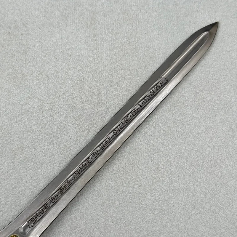 Anime-style zinc alloy replica sword blade with engraved runes, collectible cosplay display