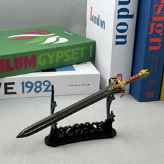 1:6 scale anime-style zinc alloy sword replica with ornate hilt on display stand, books behind