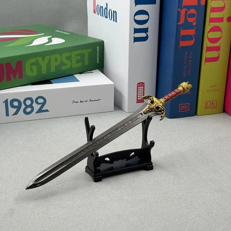 1:6 anime-style zinc alloy sword replica with ornate gold hilt on display stand, BlacksmithSONG collectible.