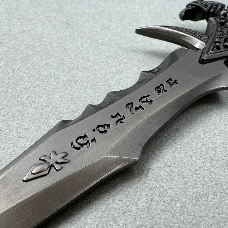 Close-up of 1:6 anime-style zinc alloy replica sword with engraved runes, BlacksmithSONG collectible.