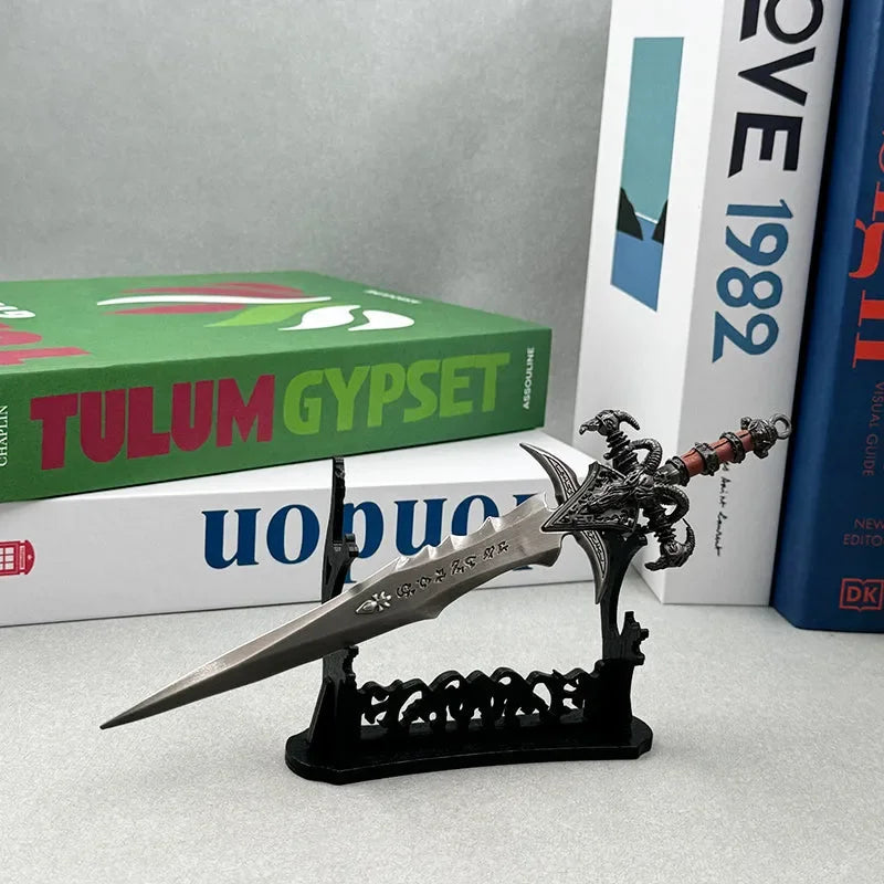 Anime-style zinc alloy sword replica on black stand, displayed with books for BlacksmithSONG.