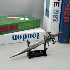 1:6 anime-style zinc alloy sword replica on stand, BlacksmithSONG collectible, bookshelf background