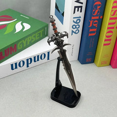 1:6 scale anime-style zinc alloy sword replica on stand, collectible for display, books in background