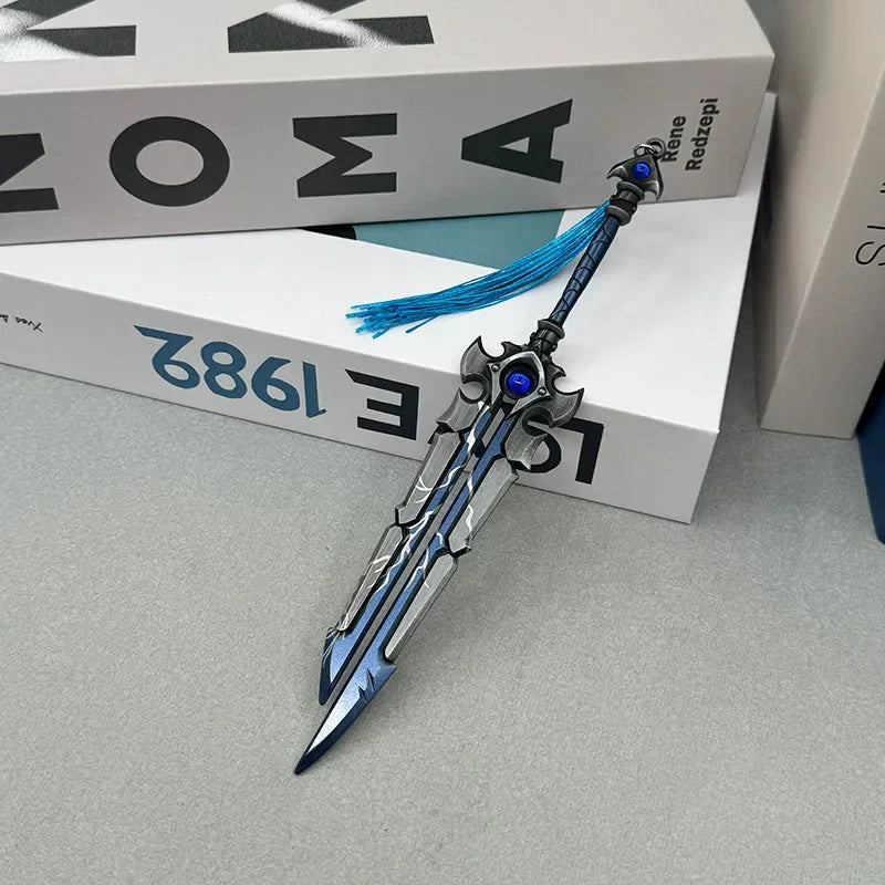 Blue anime-style zinc alloy sword replica collectible on table, BlacksmithSONG display