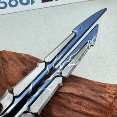 Anime-style zinc alloy replica dagger with blue and silver detailing on wooden stand