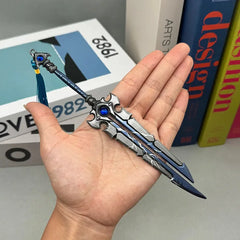 Hand holding a 1:6 scale anime-style zinc alloy collectible sword with blue accents