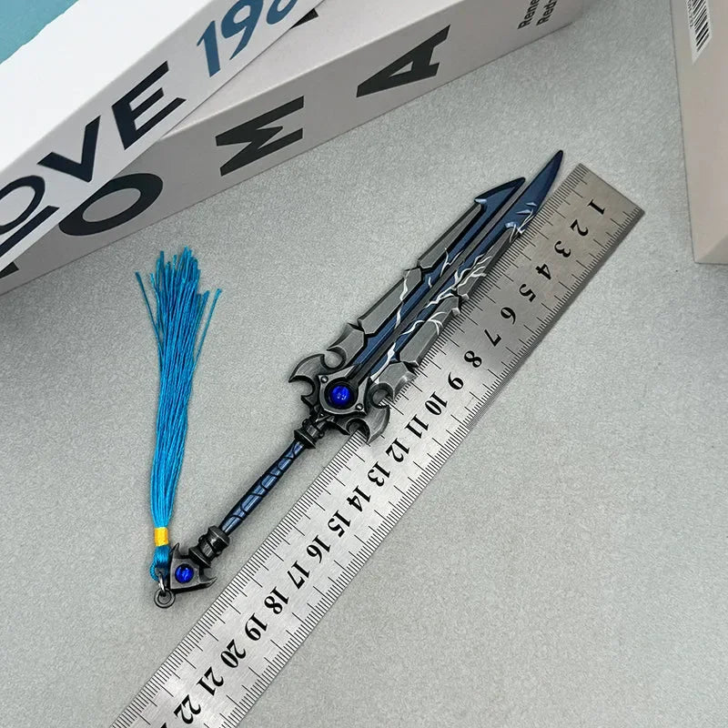 1:6 anime-style zinc alloy sword replica with blue tassel beside a ruler, BlacksmithSONG collectible.