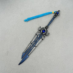 Anime-style zinc alloy sword replica with blue tassel on gray background, BlacksmithSONG collectible.