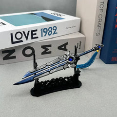 1:6 anime-style zinc alloy sword replica with blue accents on display stand, BlacksmithSONG collectible.