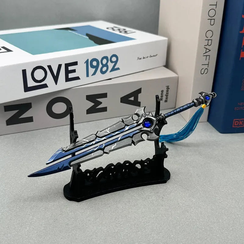 1:6 anime-style zinc alloy sword replica with blue accents on display stand, BlacksmithSONG collectible.