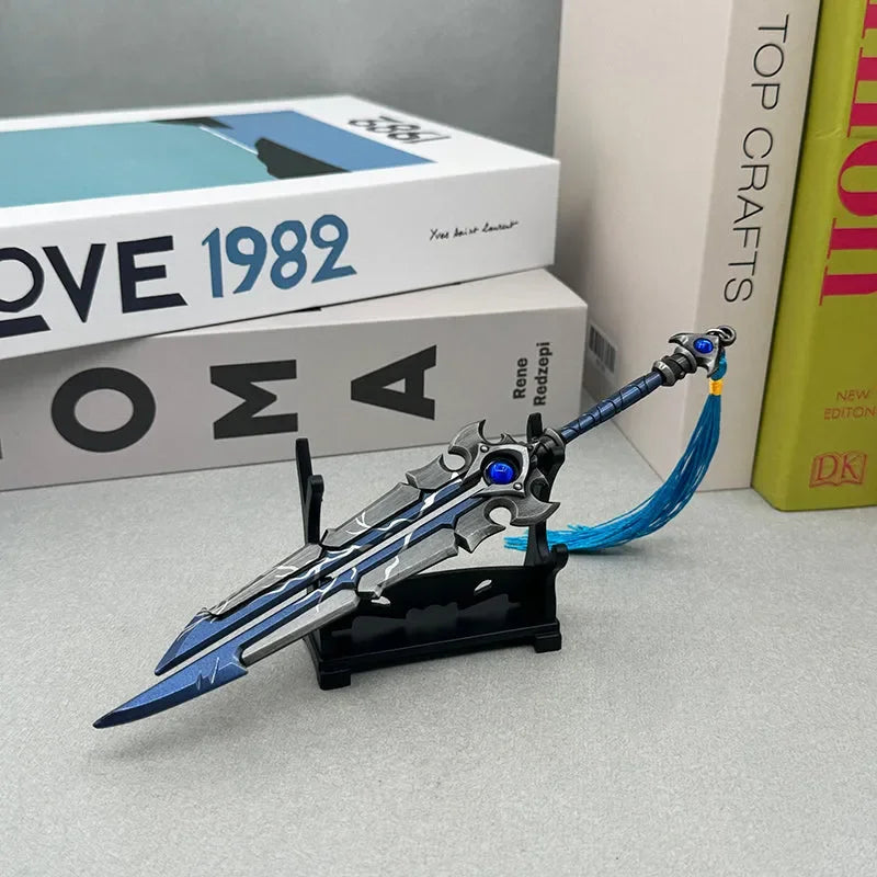 1:6 anime-style blue zinc alloy sword replica on stand, collectible for display or cosplay