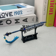 Anime-style zinc alloy sword replica with blue tassel on stand, BlacksmithSONG collectible.