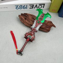 Anime-style zinc alloy fantasy sword replica with green and red details, display collectible