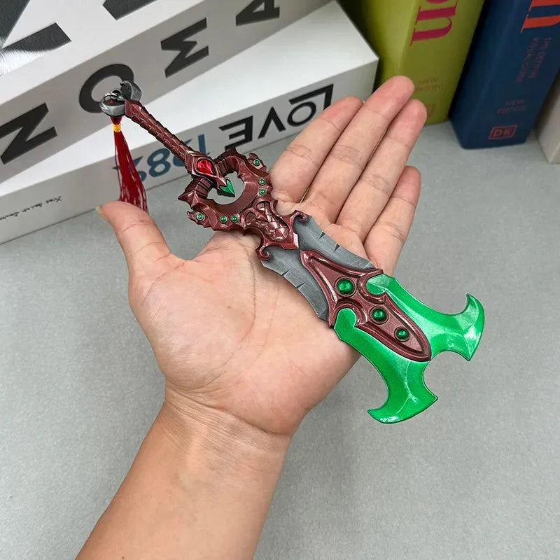 Hand holding a 1:6 anime-style zinc alloy sword replica with green and red accents, BlacksmithSONG collectible.