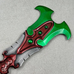 Anime-style zinc alloy fantasy sword replica with green and red blade on gray background