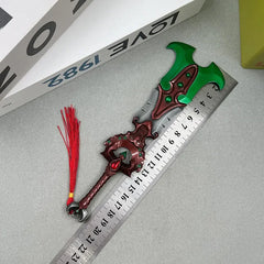 Anime-style zinc alloy mini sword replica with red tassel on ruler, BlacksmithSONG collectible.