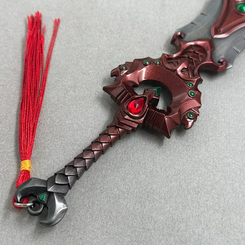 Anime-style zinc alloy sword replica with red tassel and gemstone details, collectible display
