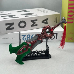 Anime-style green and red zinc alloy sword replica on display stand, BlacksmithSONG collectible