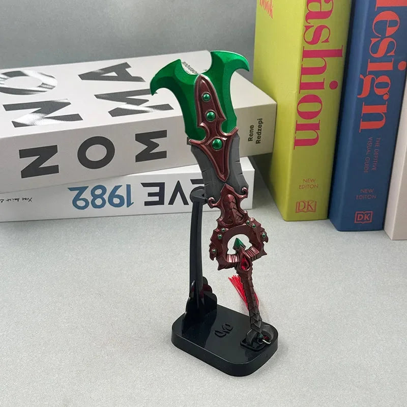 Green and red anime-style zinc alloy weapon replica on stand, collectible display by BlacksmithSONG