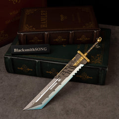 Buster Sword R5 replica (21cm die-cast zinc alloy greatsword) — angled on a stack of old books, by BlacksmithSONG.
