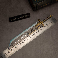 Buster Sword R5 replica — size chart, 21cm / 8.3 inches, laid against a metal ruler.
