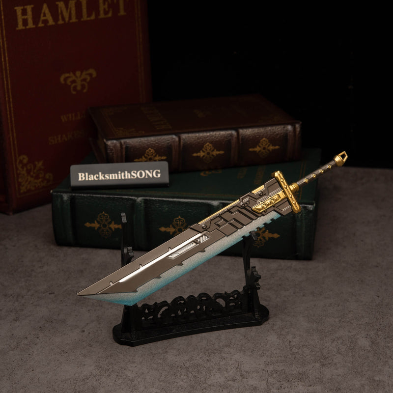 Buster Sword R5 replica — resting on the Large Display Stand.