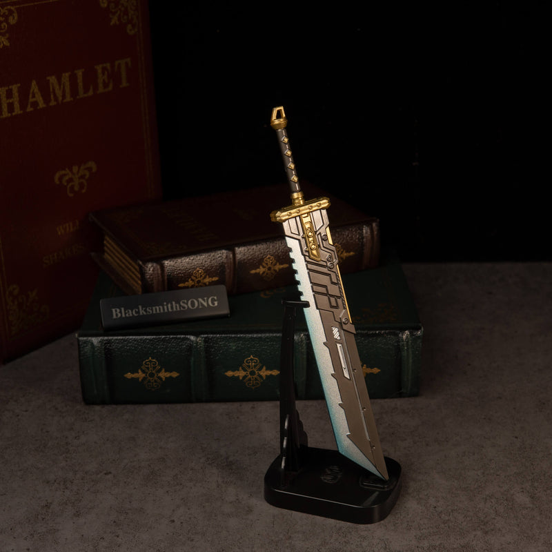 Buster Sword R5 replica — upright on the Vertical Display Stand.