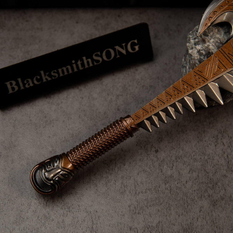 Patu replica — close-up of the braided-wrap grip and sculpted pommel.