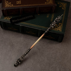 Chitin Staff replica (22cm die-cast zinc alloy staff) — spiked head up, cream shaft fading to dark ends, by BlacksmithSONG.