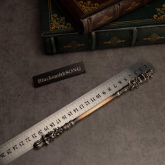 Chitin Staff replica — size chart beside a metal ruler, 22cm / 8.7 inches, 1:6 scale.